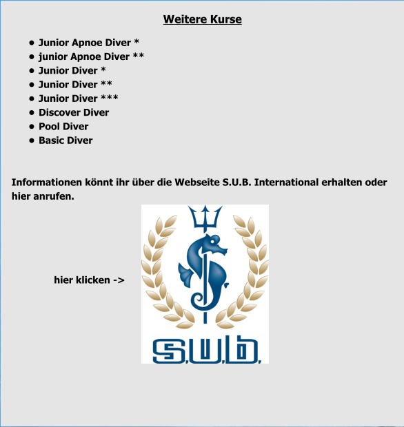 Weitere Kurse  •	Junior Apnoe Diver * •	junior Apnoe Diver ** •	Junior Diver * •	Junior Diver ** •	Junior Diver *** •	Discover Diver •	Pool Diver •	Basic Diver   Informationen könnt ihr über die Webseite S.U.B. International erhalten oder hier anrufen.                             hier klicken ->